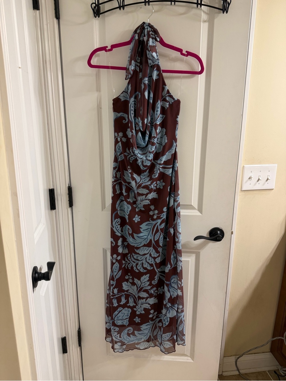 T.J.Maxx Brown Halter Maxi Dress with Light Blue Floral Pattern